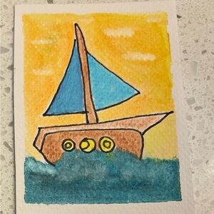 Handmade Sailboat Watercolor ACEO Art  mini